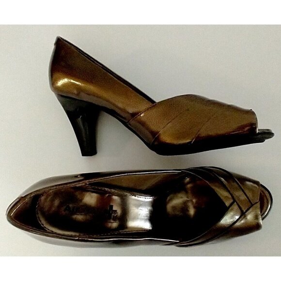Air Supply Monroe Dress Shoes Pump Bronze Peep Toe Slip On Comfort System - 7.5M - Picture 1 of 12